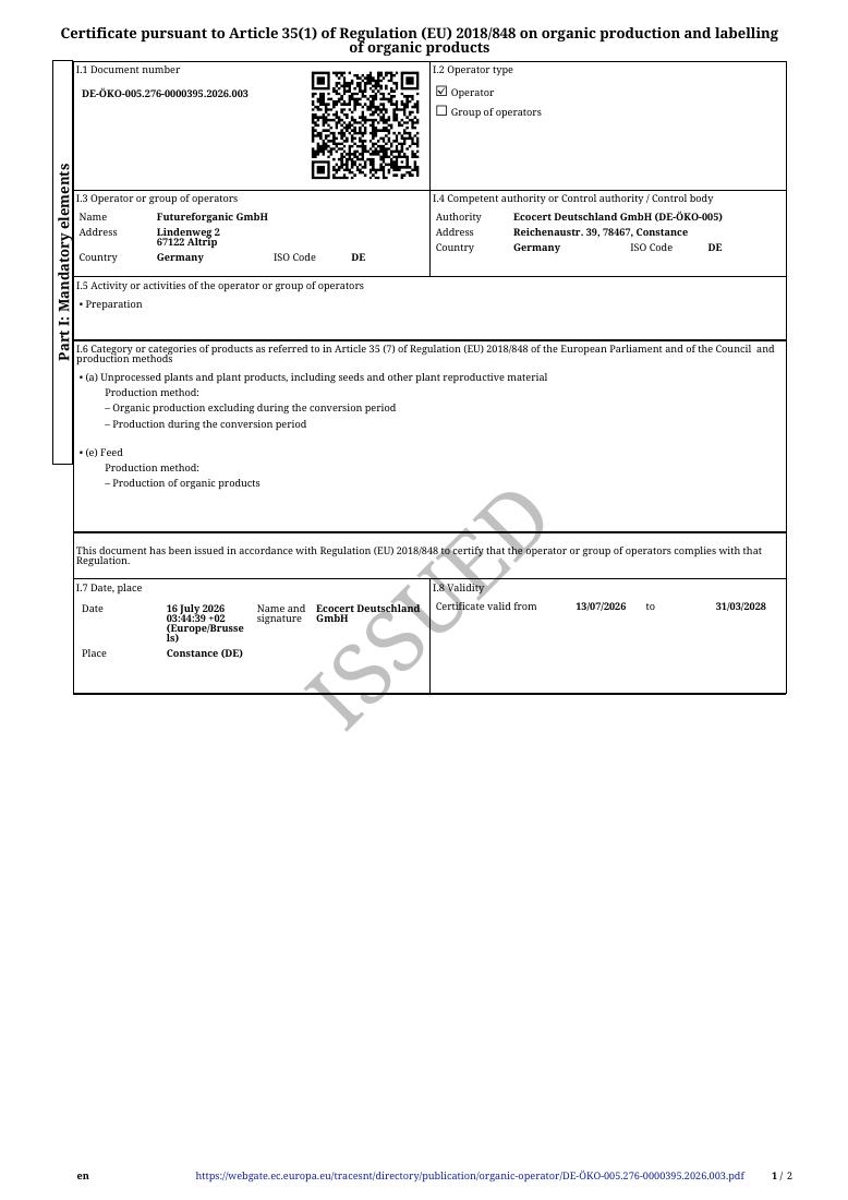 Organic certificate · DE-ÖKO-005 · English